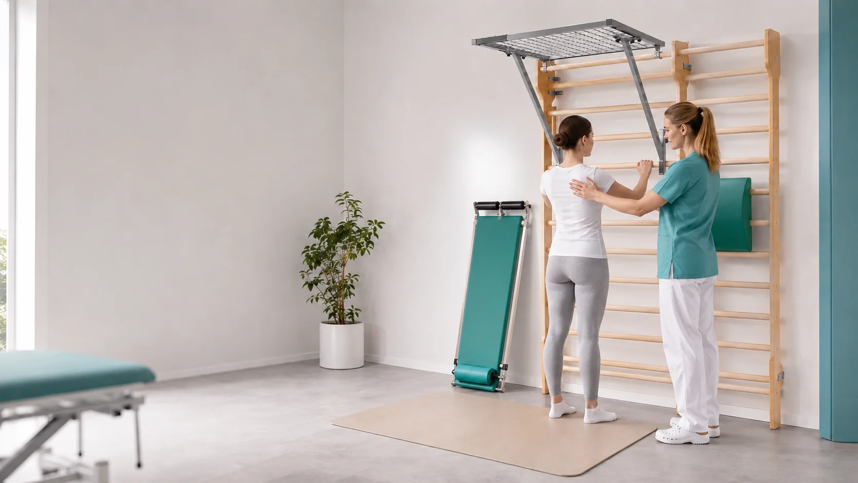 Kinetoterapeută asistând o pacientă la exerciții de gimnastică medicală cu spalier